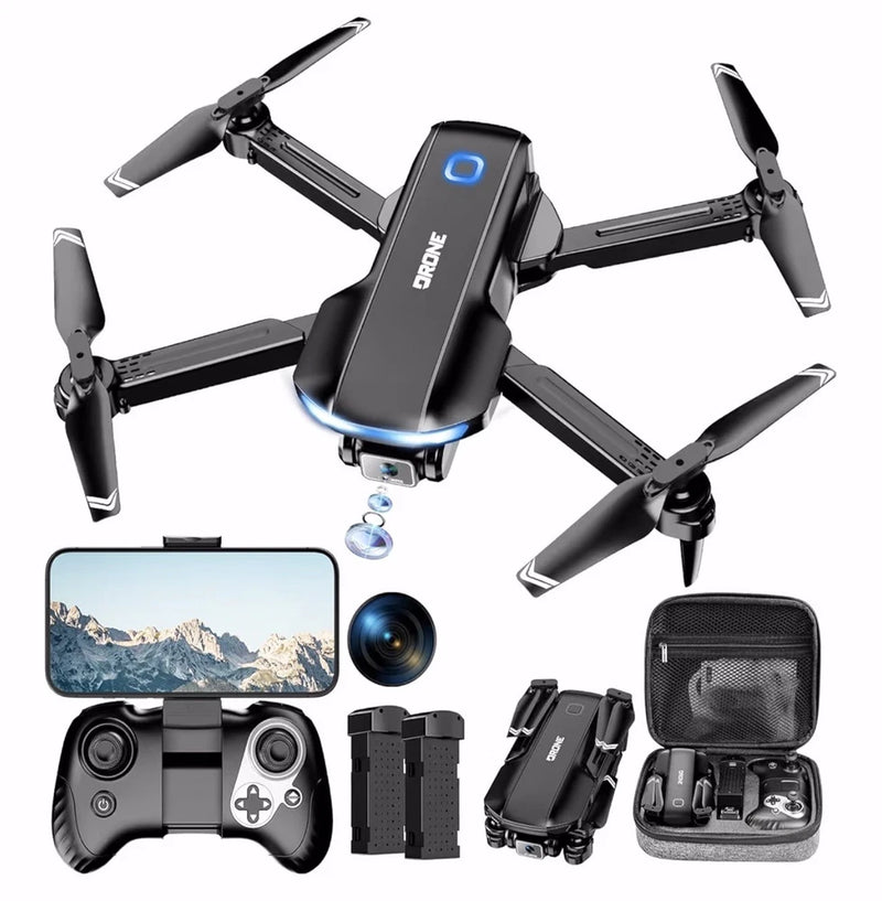 Foldable quadcopter drone with built-in camera, four propellers, and remote controller.
