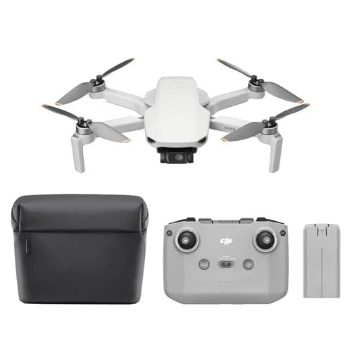 DJI Mini 4K drone with gray controller, black carrying case, and spare battery
