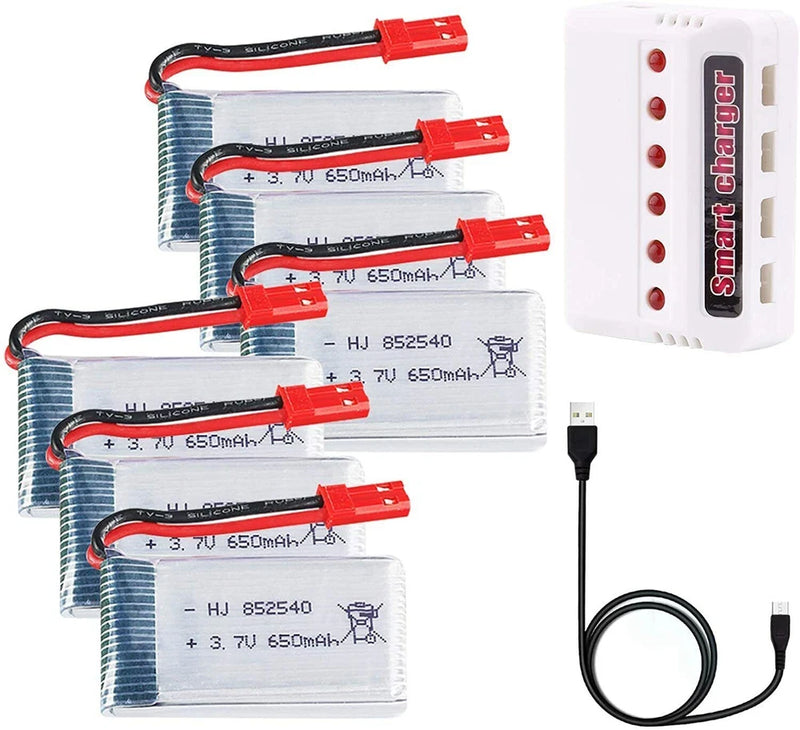 Set of 3.7V 650mAh LiPo batteries with JST connectors and smart USB charger