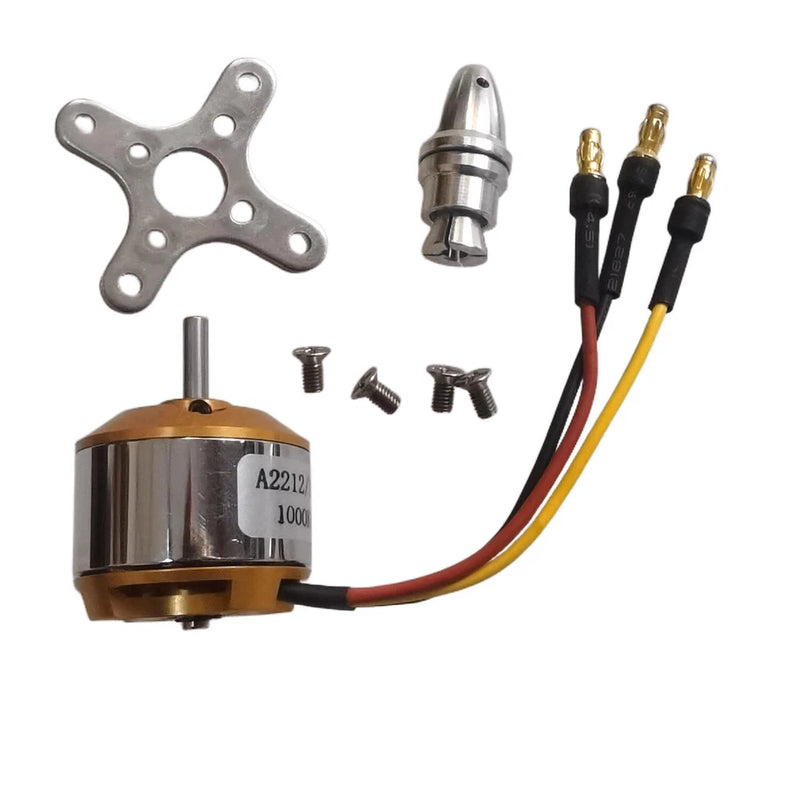 RC brushless motor with 3.5mm male bullet plugs and mounting screws, plus bracket