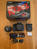 Canon EOS Rebel T3i DSLR camera kit with EF-S 18-55mm lens, box, caps, strap, charger