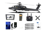 Dark gray RC Apache-style helicopter kit with remote controller and spare blades