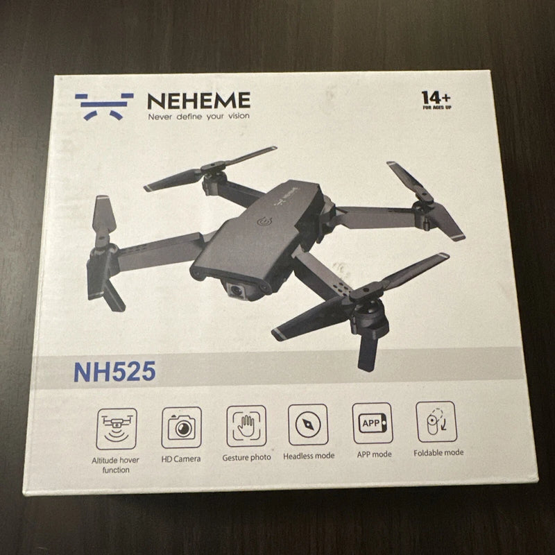 NEHEME NH525 folding drone box with printed quadcopter and features icons
