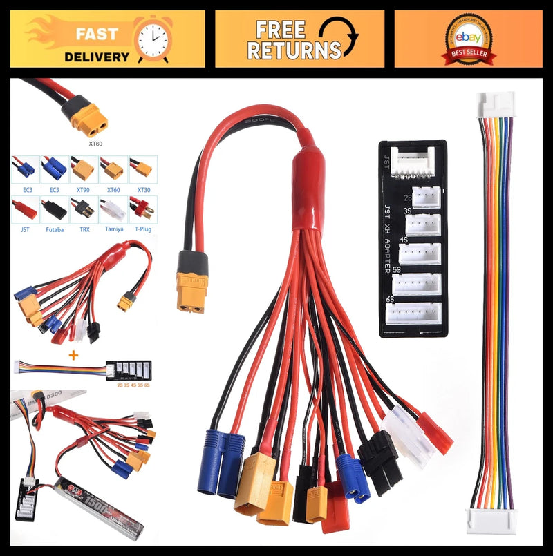 10-in-1 RC Lipo Battery Charger Splitter Cable, XT60H Plug, 2-6S Balance Board