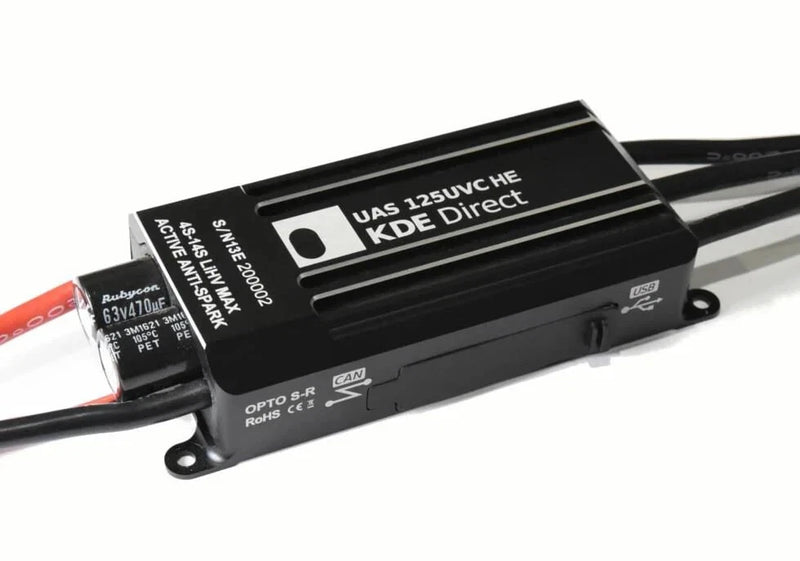 Black UAV electronic speed controller with mounting tabs and printed specs, cylindrical wire leads.