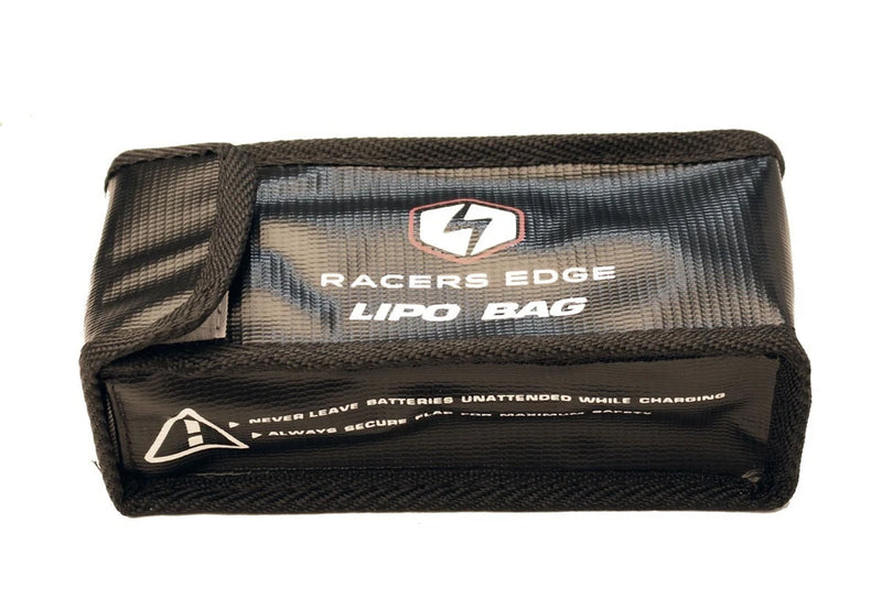 RACERS EDGE LIPO bag pouch, dark fabric with logo and warning label