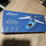 Mini RC helicopter drone with gyro retail box, blue with helicopter graphic