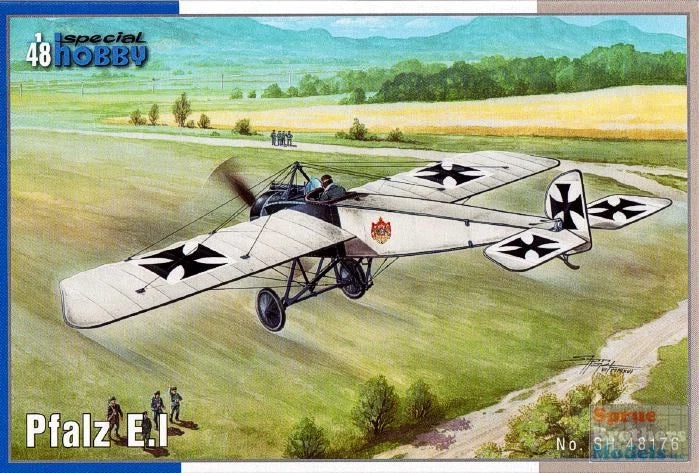 Light gray 1:48 Pfalz E.I biplane model airplane with black cross markings
