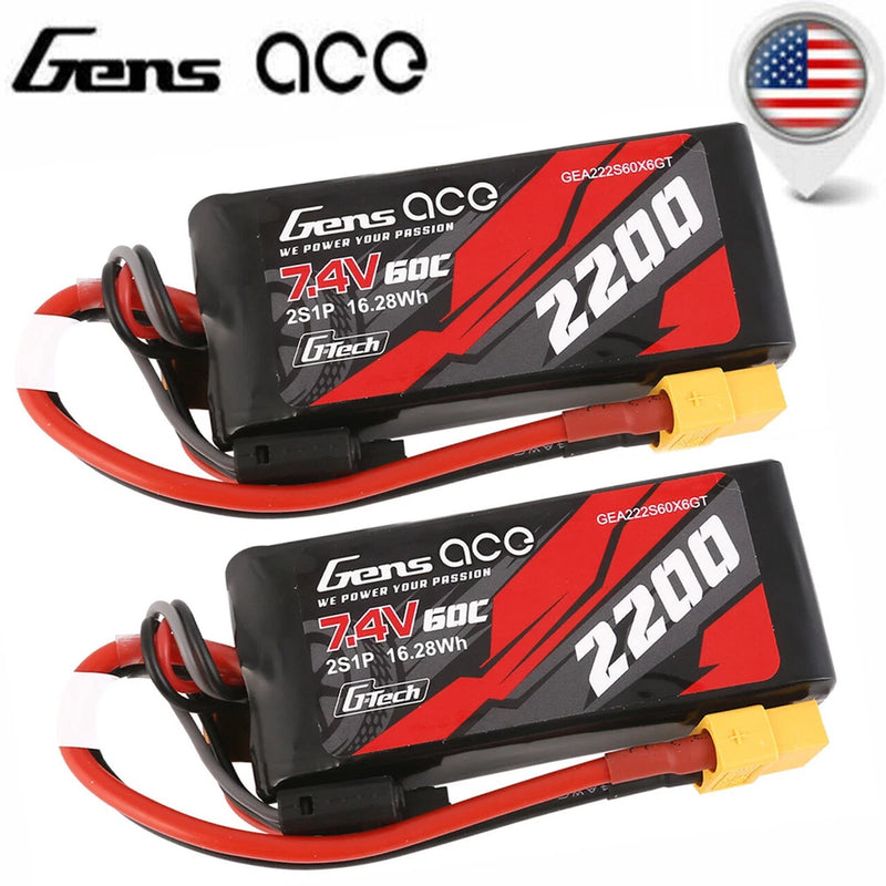 2X Gens Ace G-Tech 60C 7.4V 2200mAh 2S Lipo Battery XT60 For TRA/TRX 1/16 E-Revo Battery