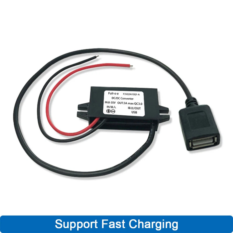 DC/DC buck converter module with QC3.0 fast charging, wiring leads and USB connector