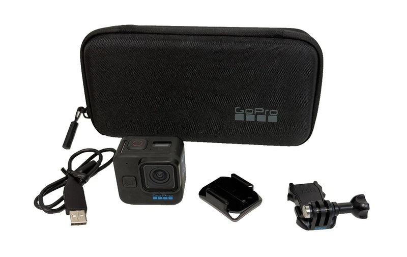 Black GoPro action camera kit with zip case, mounts, and USB cable