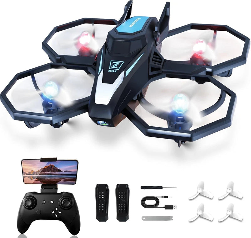 Blue mini quadcopter drone with camera, LED lights, and remote control parts