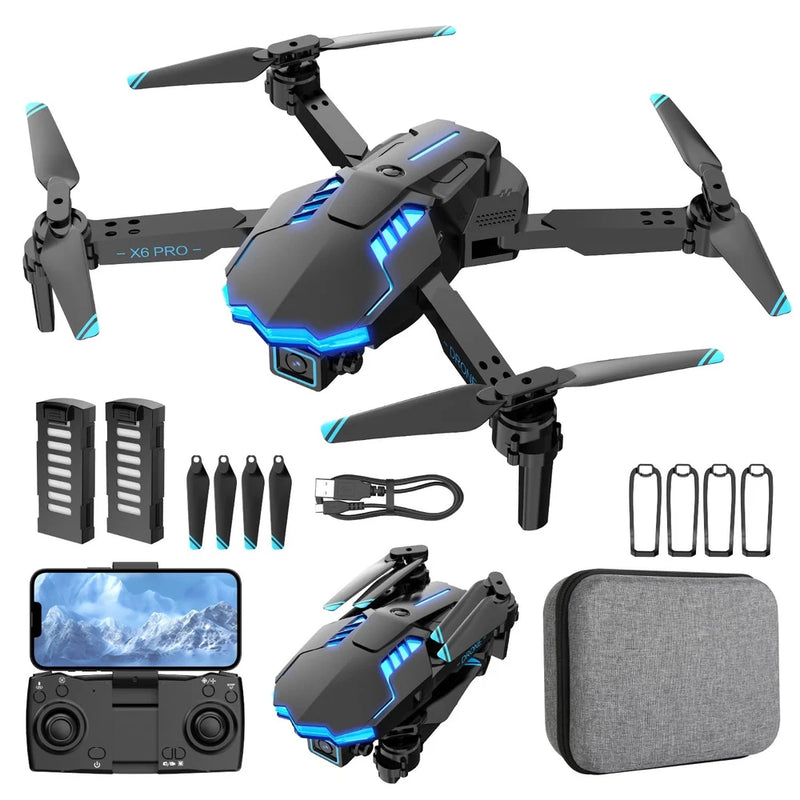 Foldable quadcopter drone with camera, four arms, blue LED lights, included case and spare parts