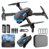 Foldable quadcopter drone with camera, four arms, blue LED lights, included case and spare parts