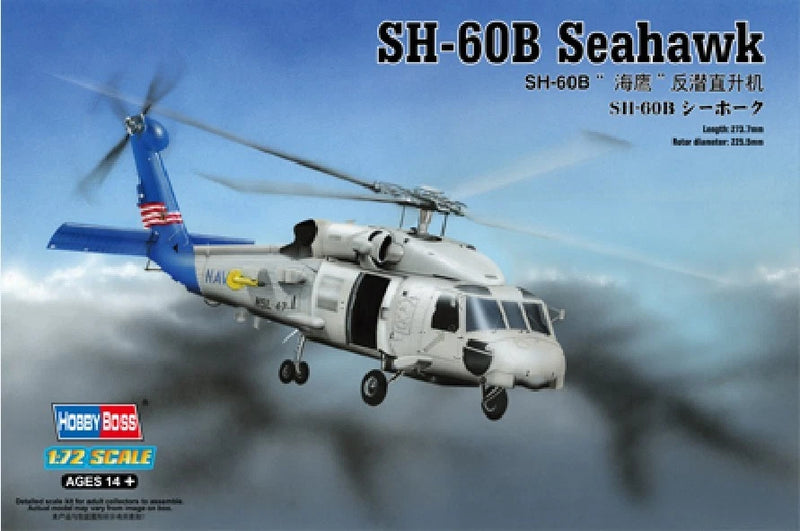 1/72 SH-60B Seahawk helicopter model kit box art, blue and white