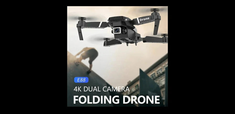 Folding drone with dual camera and four propellers, ready to fly