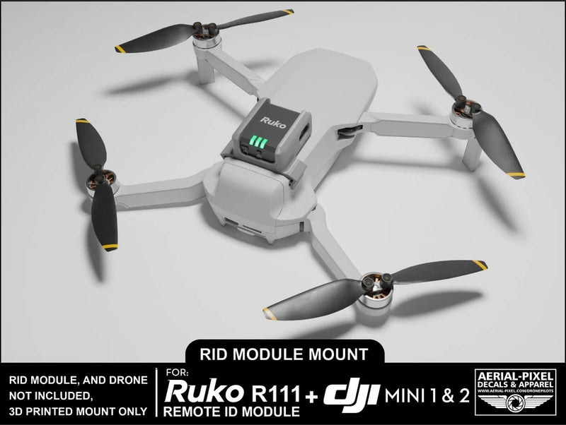 Ruko R111+ Remote ID module mount for DJI Mini 1 & 2 drone, with 3D printed bracket
