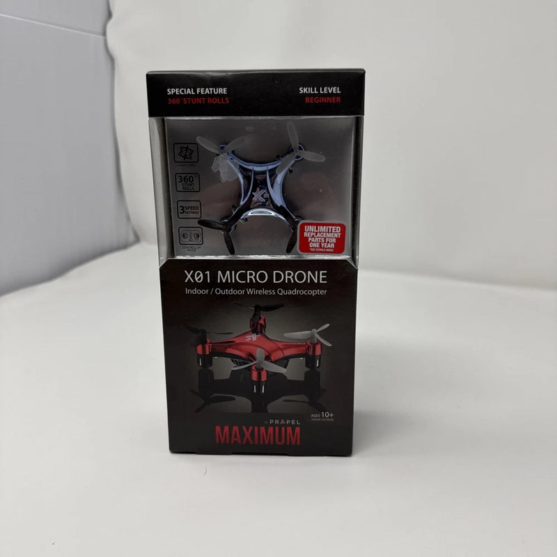 Micro RC quadcopter drone retail box with blue-gray drone graphic