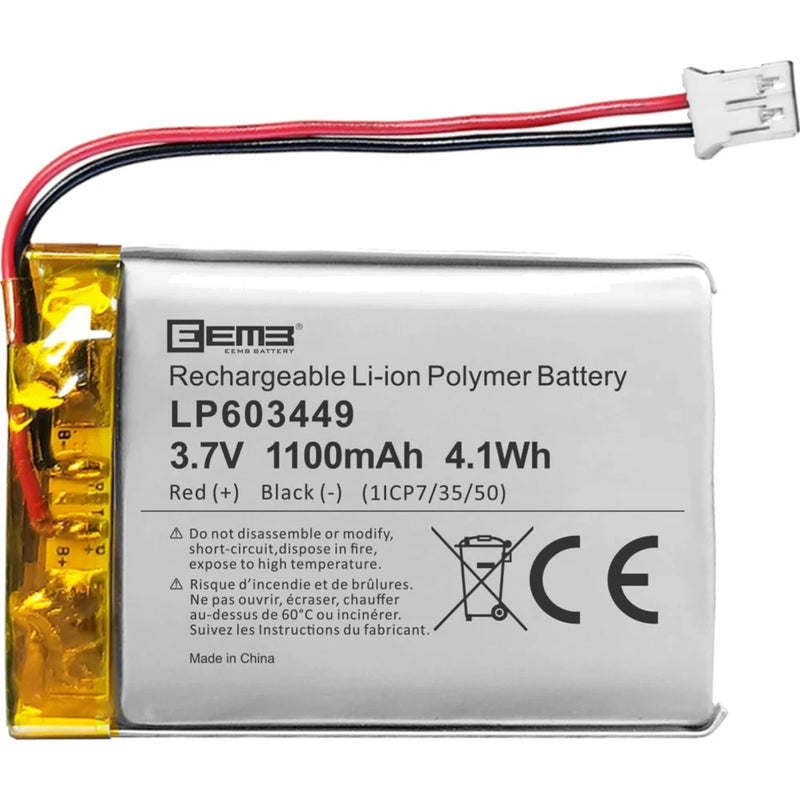 Rechargeable Li-ion polymer battery pack with red/black leads, printed specs and safety marks