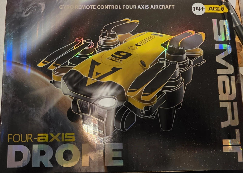 Four-axis aerial drone box with yellow drone illustration