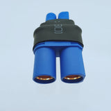 Blue battery connector adapter with two-pin sockets and rubber boot