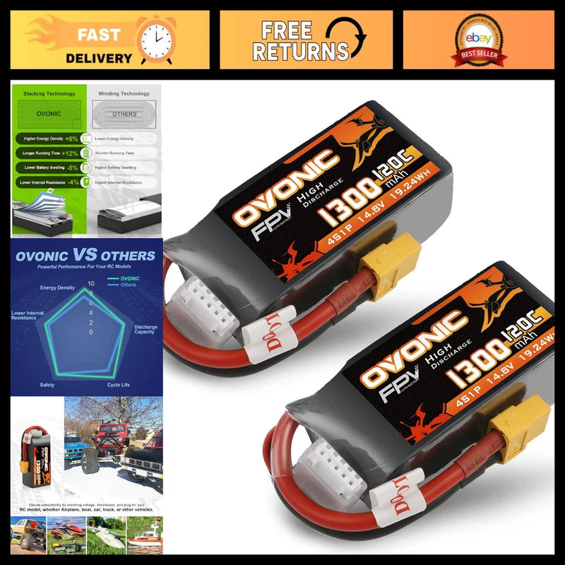 High-Performance 4S Lipo Battery 120C 1300mAh 14.8V XT60 for RC FPV Racing Drone Battery