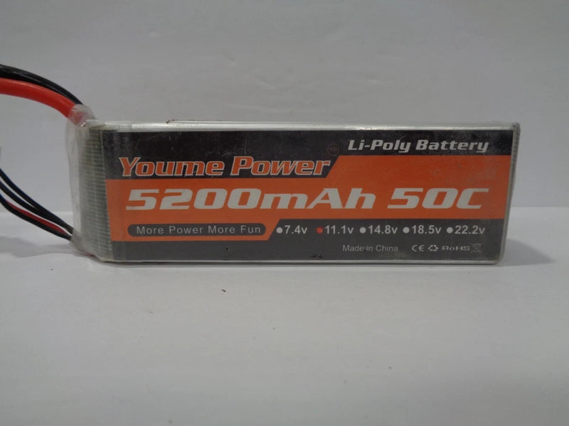 LiPo battery pack with Youme Power label, 5200mAh 50C, 11.1V, red and black wire leads