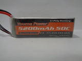 LiPo battery pack with Youme Power label, 5200mAh 50C, 11.1V, red and black wire leads