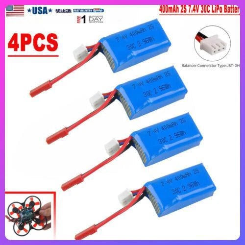 4x 7.4V 30C 400mAh 2S LiPo Battery w/ JST Plug for Micro Quadcopter FPV RC Drone