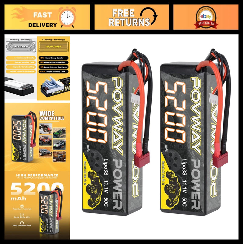 High-Performance 3S LiPo Battery 11.1V 50C 5200mAh Hardcase - T Plug for RC Cars Battery