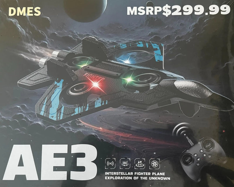 Fighter jet drone with remote controller, glowing lights and prop-style wings