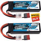 Black RC LiPo battery pack with orange leads and DEANS-style connector, 2200mAh