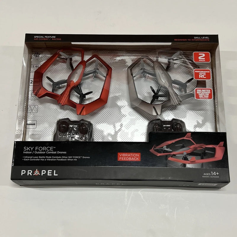 RC battling drone pack of 2 in retail box, showing red and gray quadcopters.
