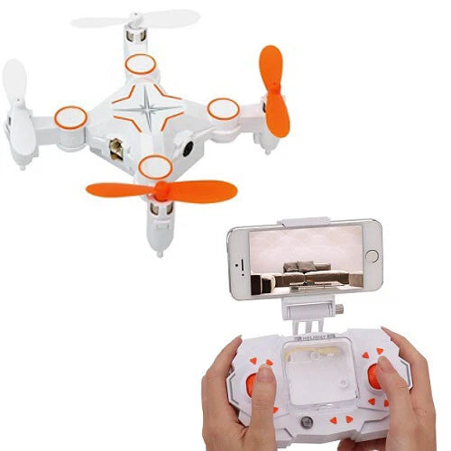 White and orange mini quadcopter drone with orange propellers and smartphone controller mount