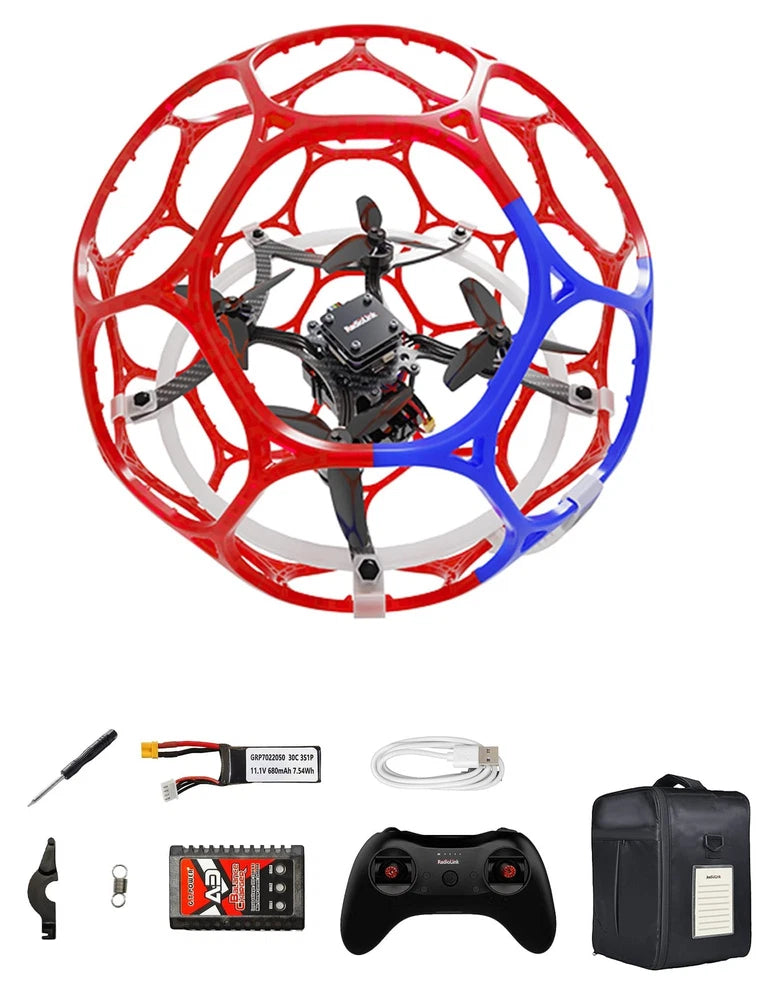 Compact quadcopter drone with red and blue circular prop guard and central controller