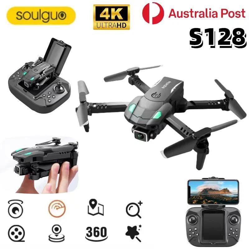 Foldable quadcopter drone with built-in camera, four propellers, and handheld controller