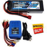 2S LiPo battery and EZ6 charger kit with Deans plug, cables and connectors