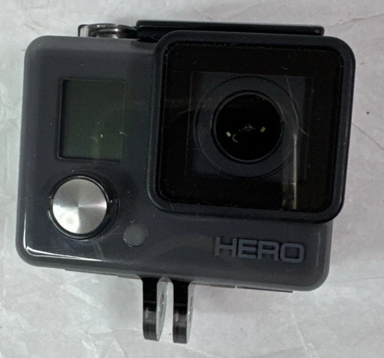 GoPro Hero action camera in dark housing with front lens and screen window