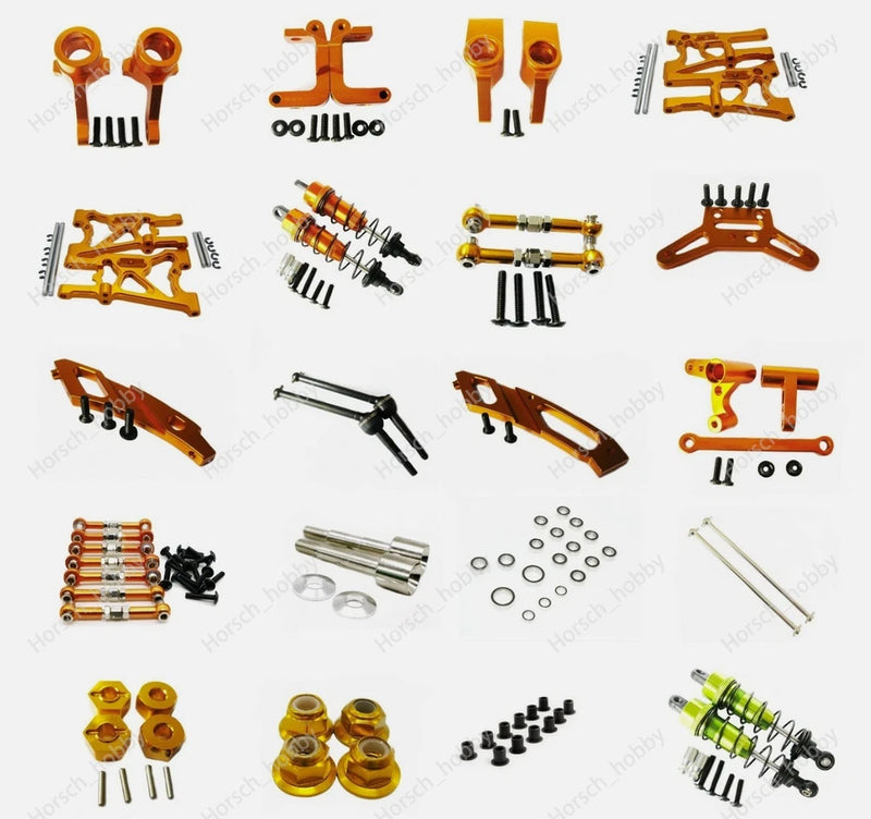 Orange aluminum RC car upgrade parts kit, bolts and linkages for 1/10 scale