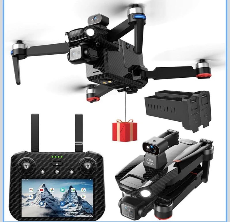 Black camera drone with 3-axis gimbal and tablet controller