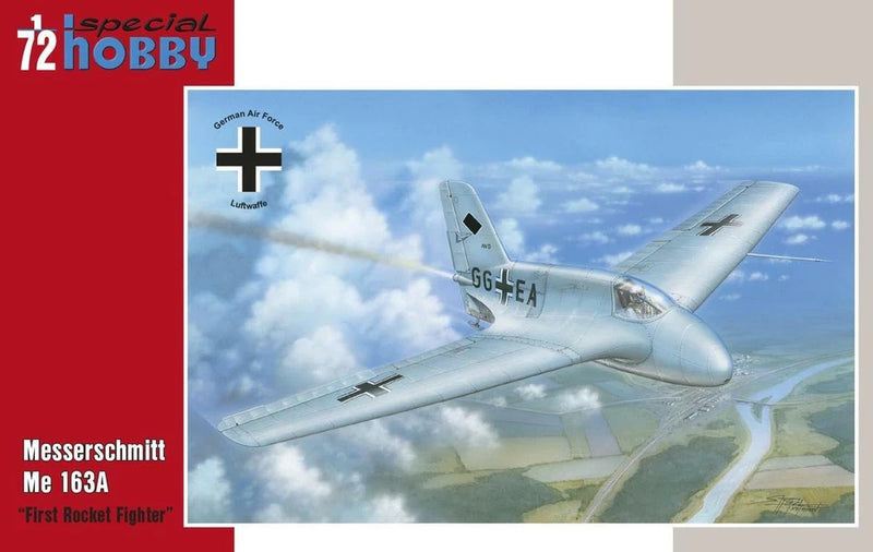 1/72 Me-163A Komet model kit box art, light blue rocket aircraft in flight