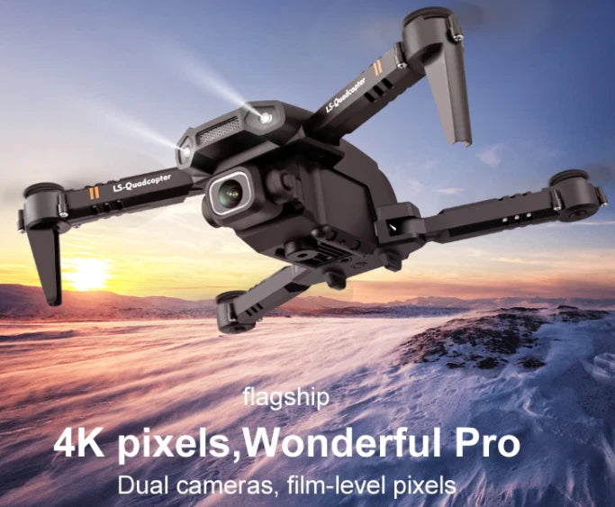 Foldable quadcopter drone with mounted camera, dark gray frame