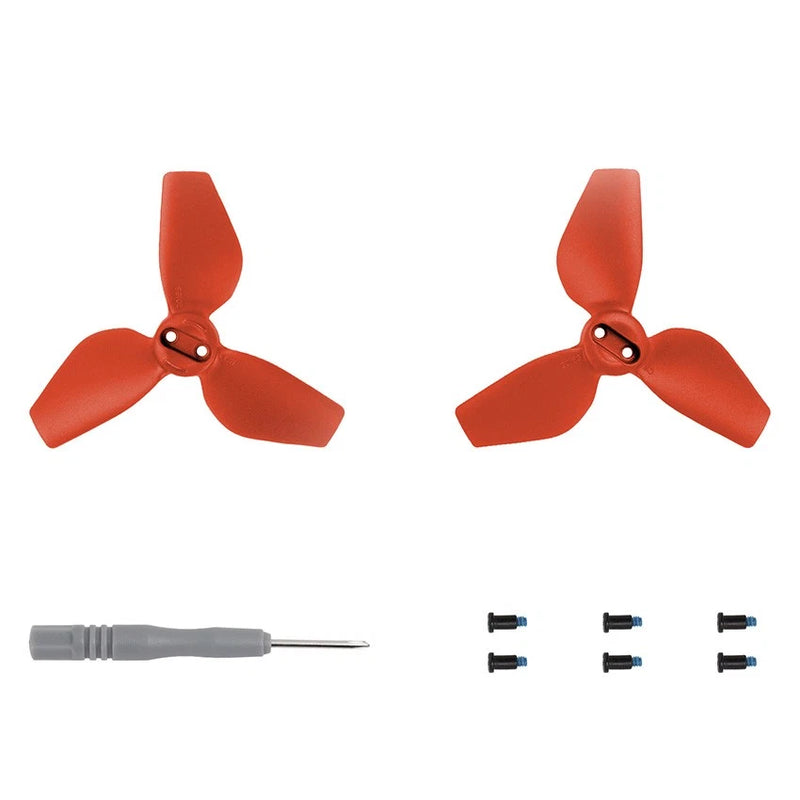 Orange 3-blade drone propellers set with screws and grey screwdriver tool