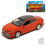 Red Toyota sedan diecast model car with white wheels and detailed body