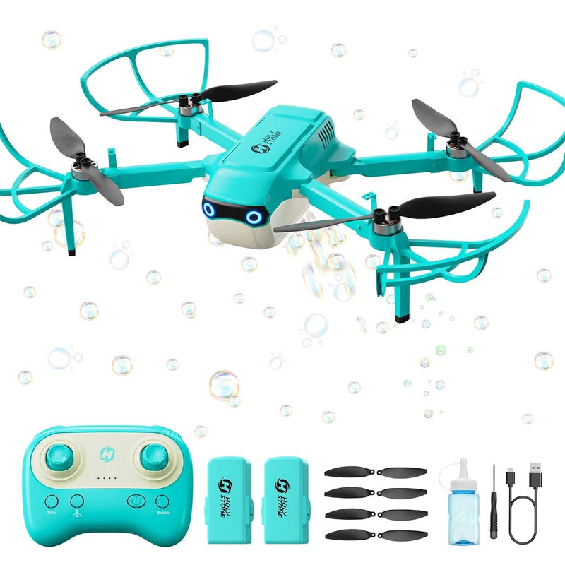 Teal bubble toy drone set with controller, propellers, and bubble solution bottle