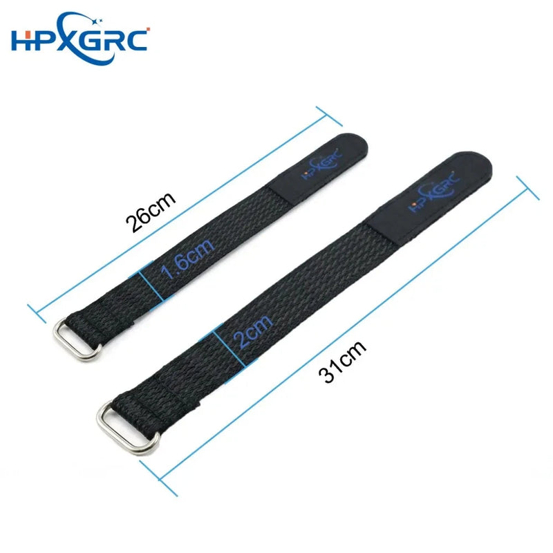 Two black elastic battery binding straps with metal loops, long size
