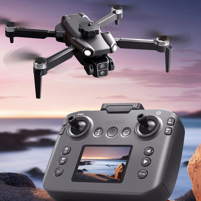 Drone with dual camera and handheld controller with screen