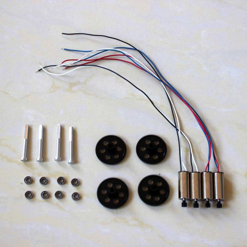 RC drone motor upgrade kit with aluminum shafts, wiring harness, and gear heads