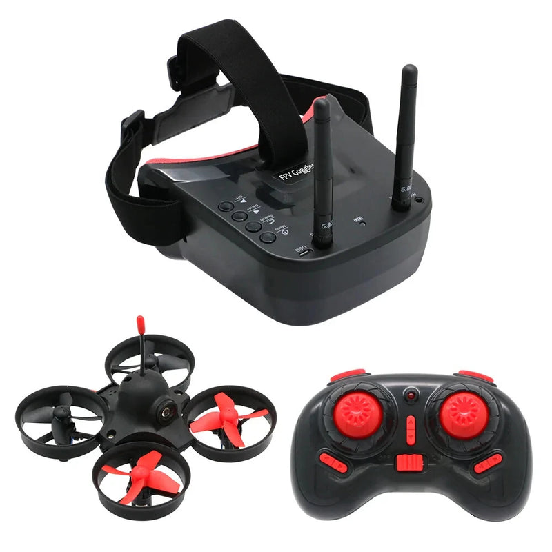 FPV VR headset, remote controller, and mini quadcopter drone set