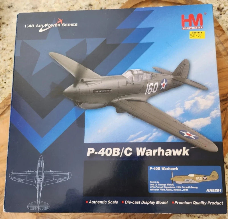 1:48 P-40B/C Warhawk die-cast display model box with gray airplane artwork